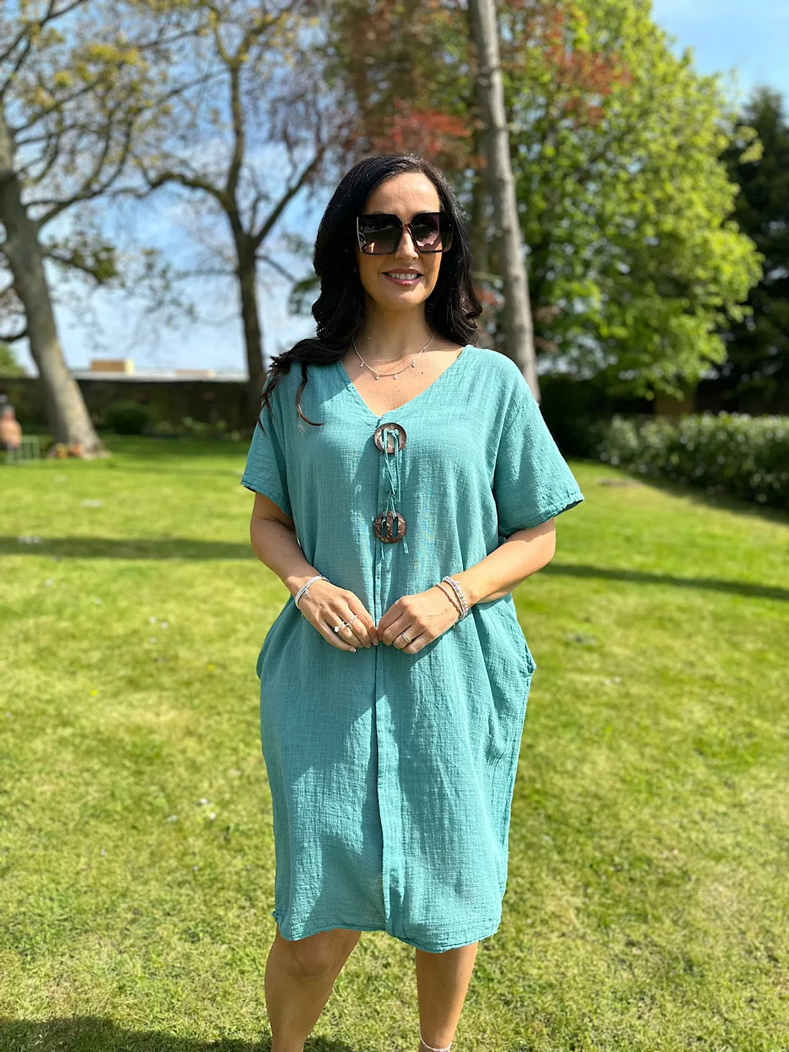 Sandra's Teal Tunic Dress with V-Neck and Buttons