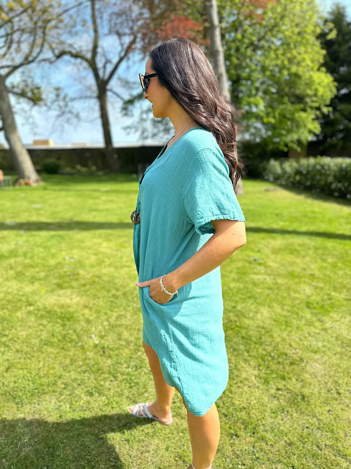 Sandra's Teal Tunic Dress with V-Neck and Buttons