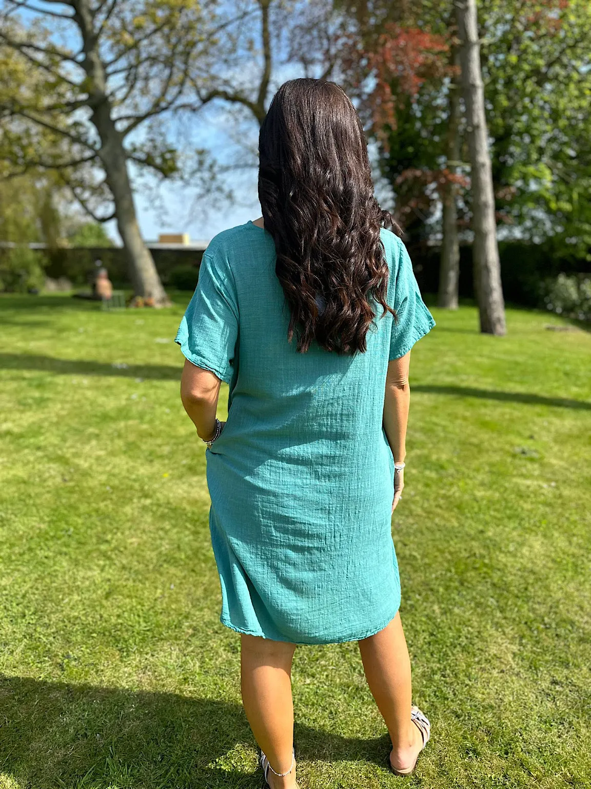 Sandra's Teal Tunic Dress with V-Neck and Buttons