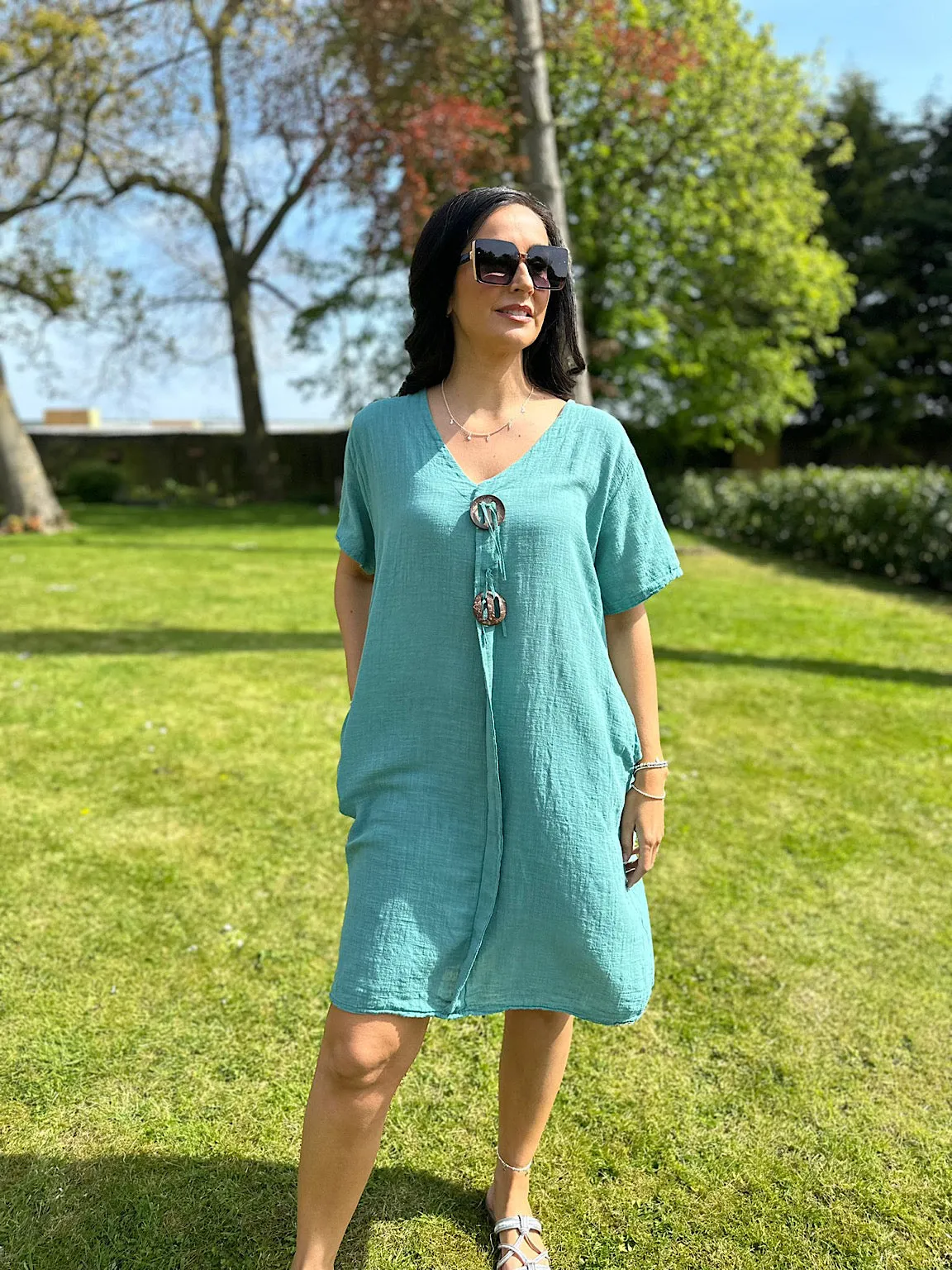 Sandra's Teal Tunic Dress with V-Neck and Buttons