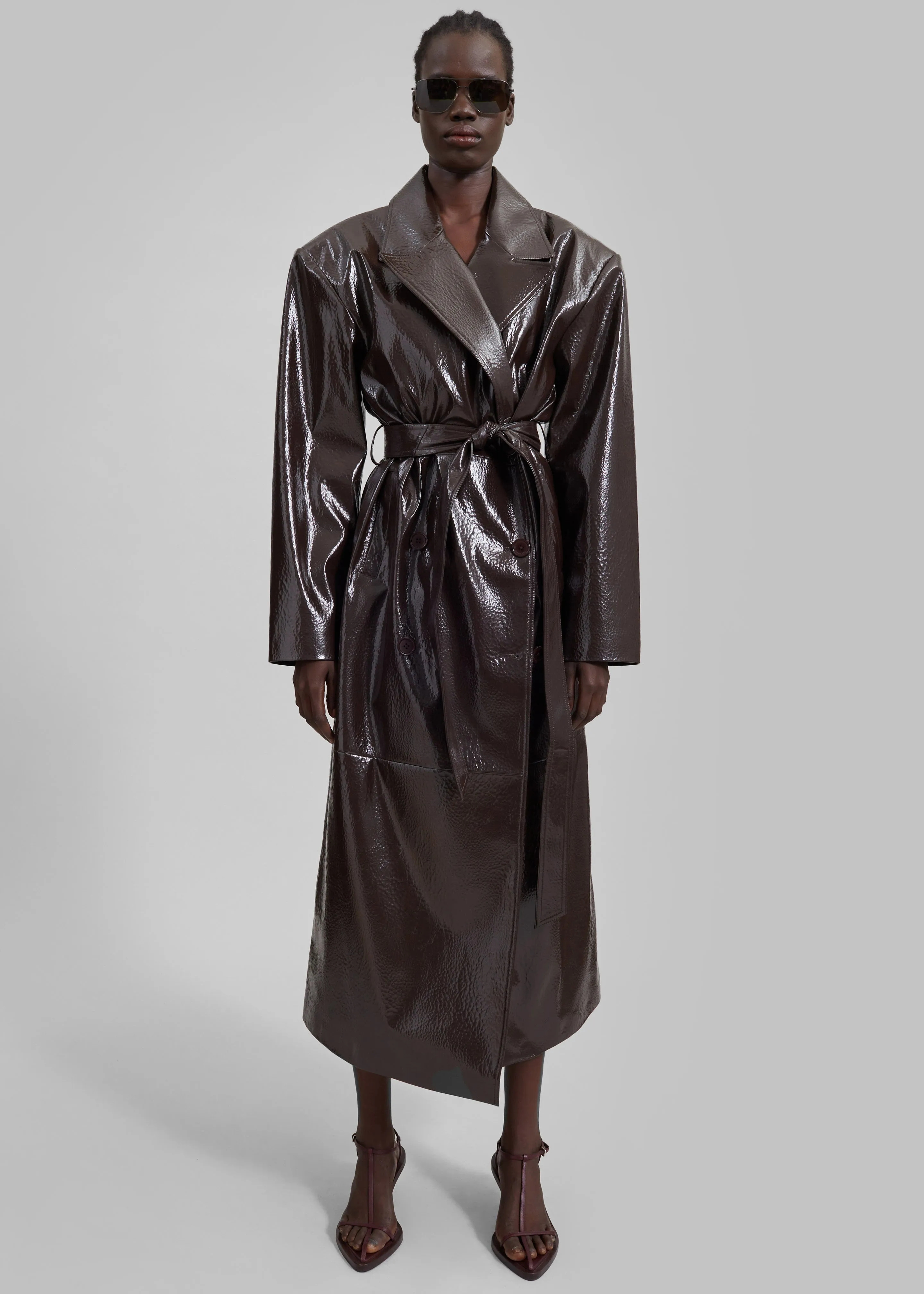 Tina Crackled Faux Leather Trench Coat Brown