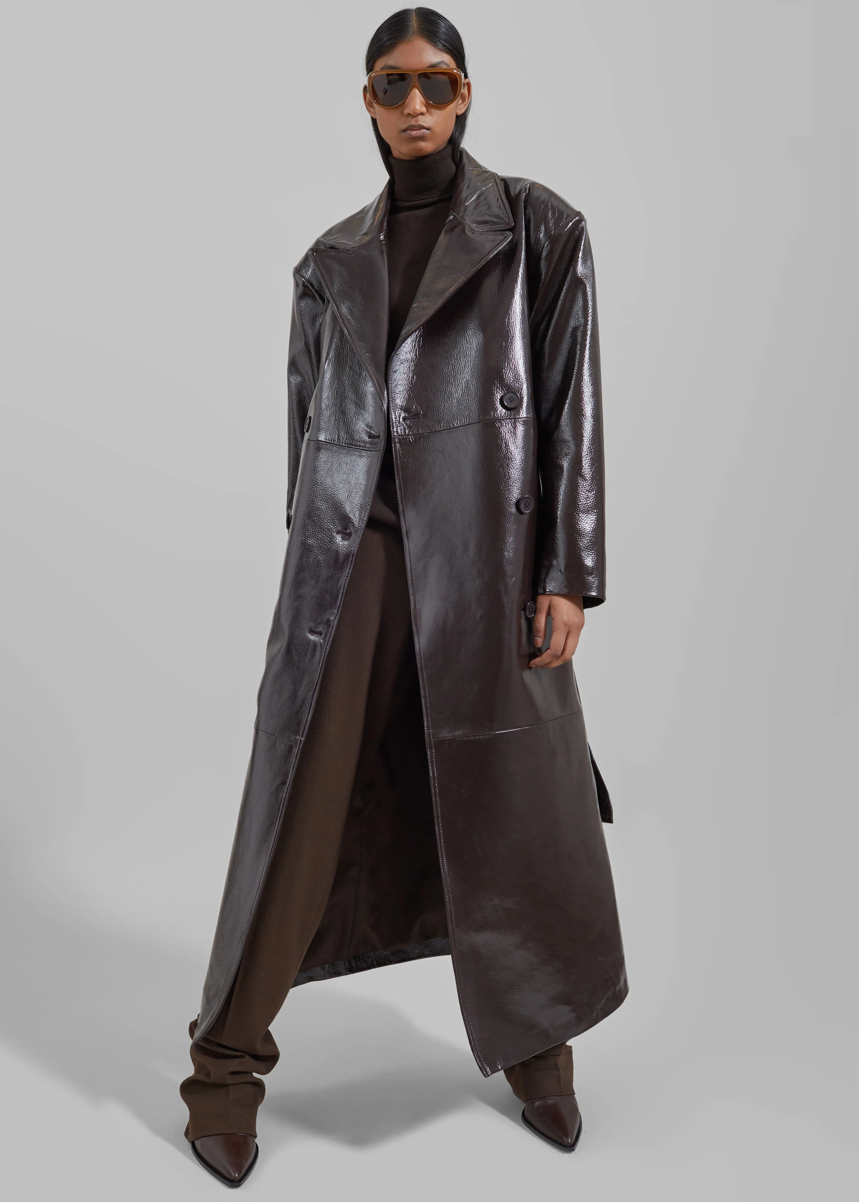 Tina Crackled Faux Leather Trench Coat Brown