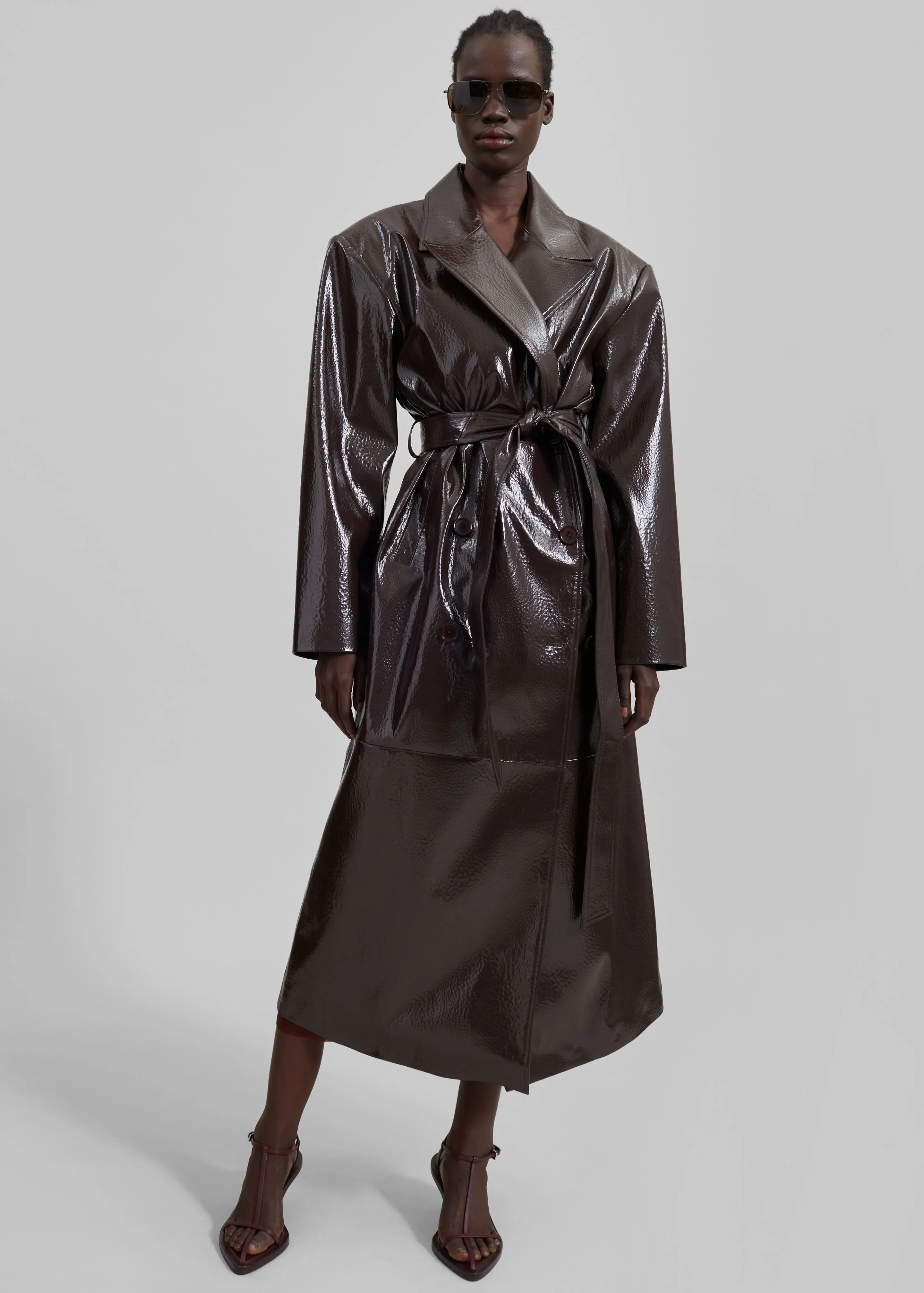 Tina Crackled Faux Leather Trench Coat Brown