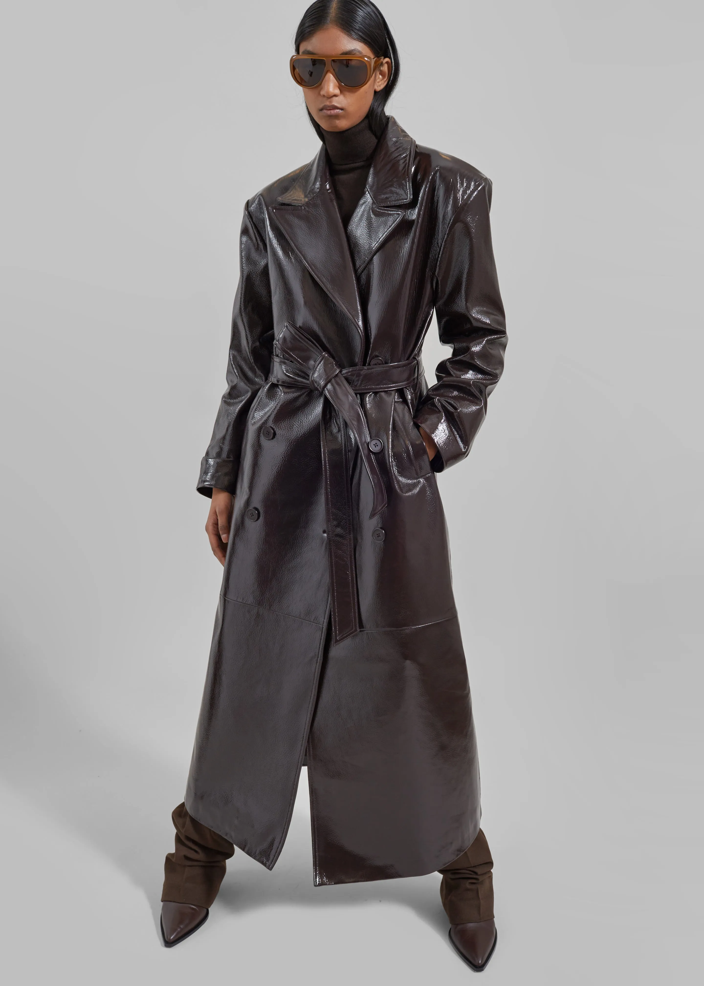 Tina Crackled Faux Leather Trench Coat Brown