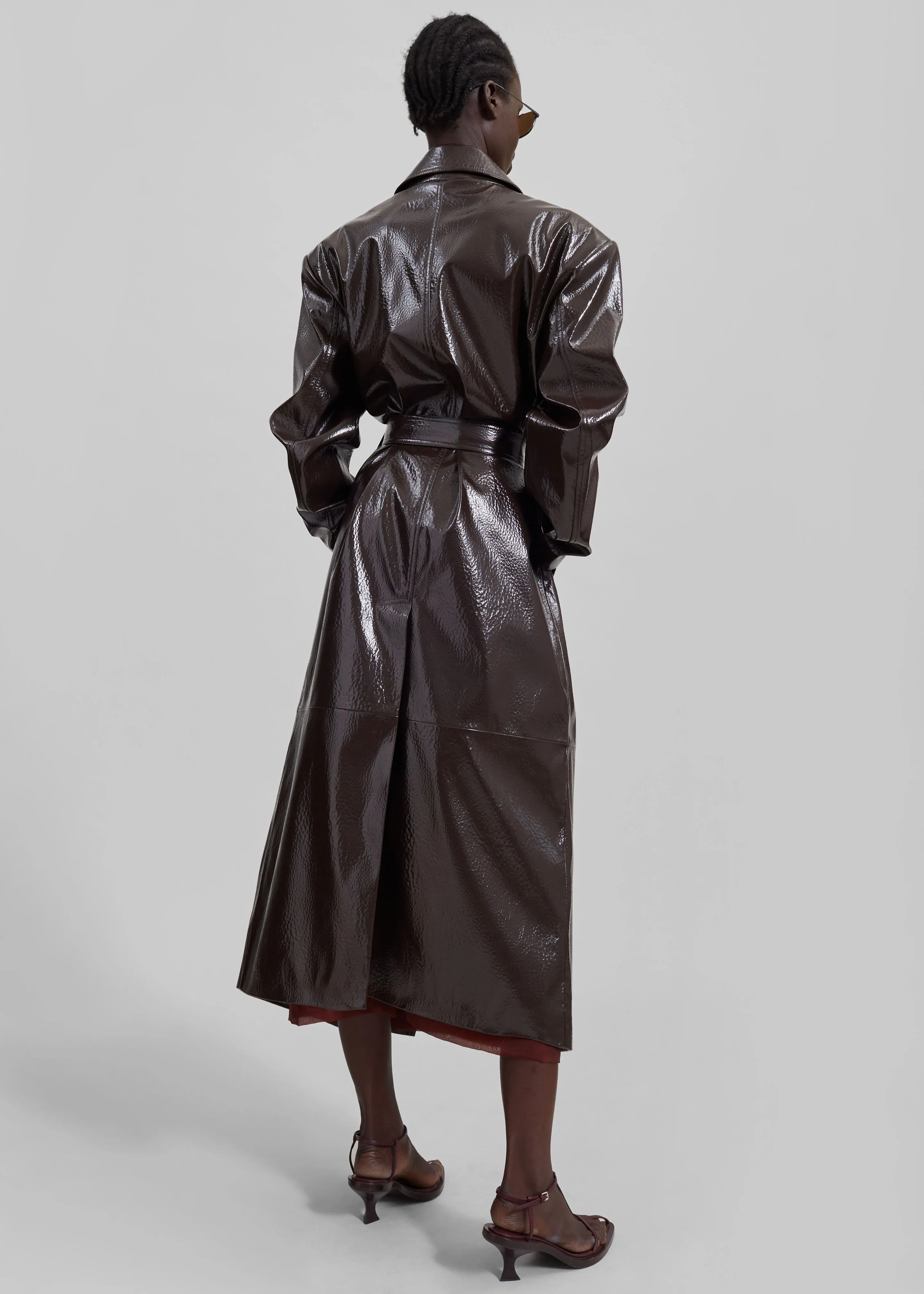 Tina Crackled Faux Leather Trench Coat Brown