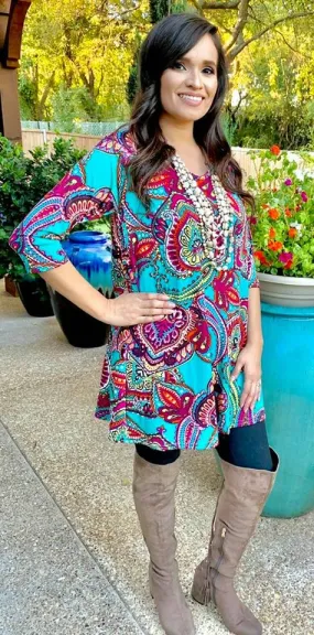 Small Turquoise Multi Paisley Flutter Tunic