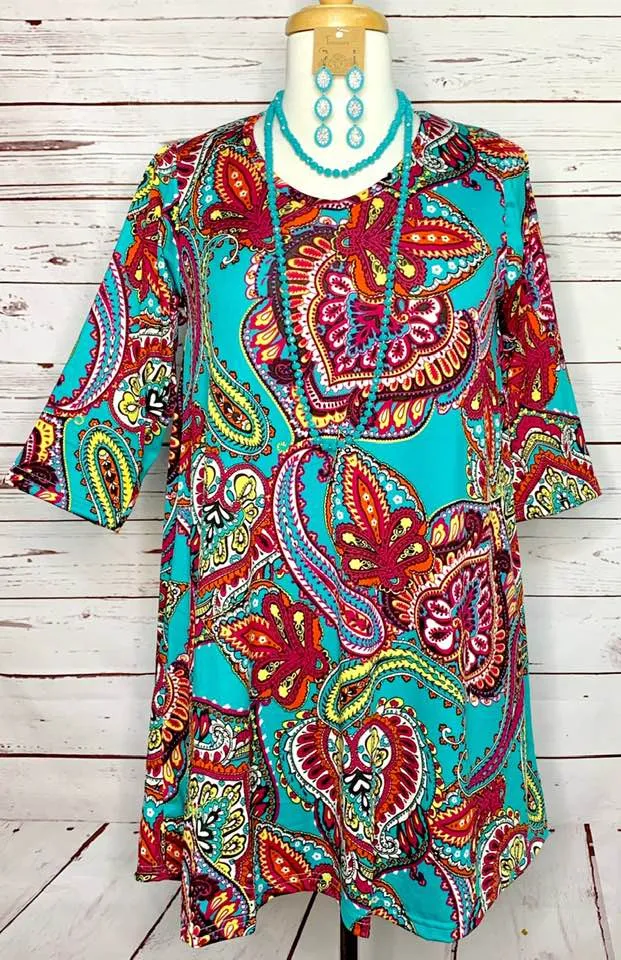 Small Turquoise Multi Paisley Flutter Tunic