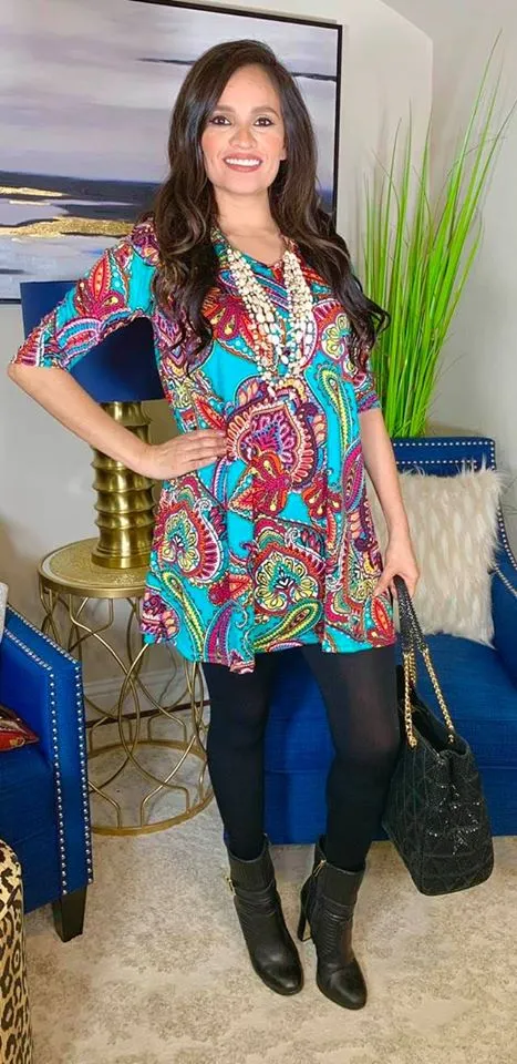 Small Turquoise Multi Paisley Flutter Tunic