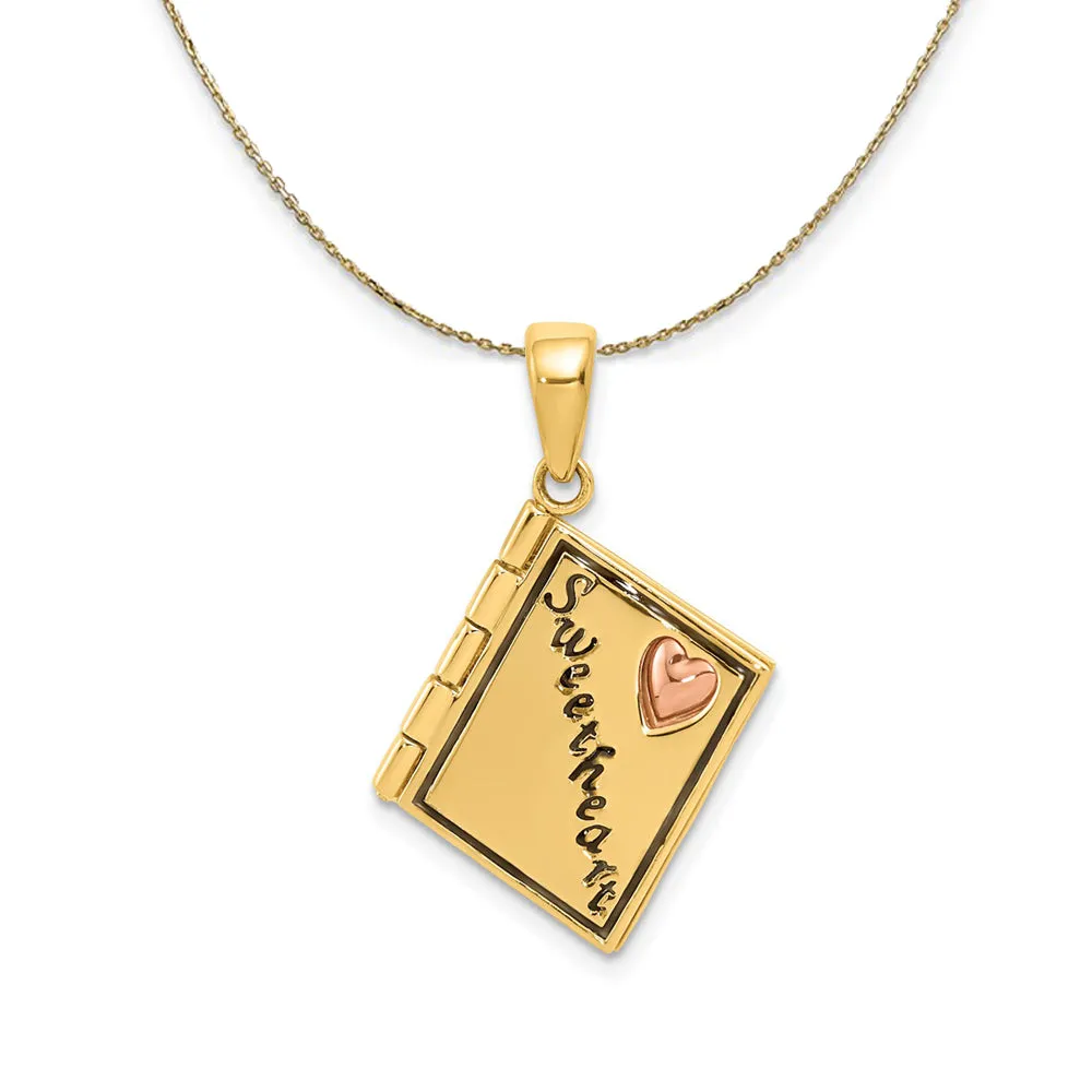 Two Tone Gold & Enamel Sweetheart Book Necklace 14k