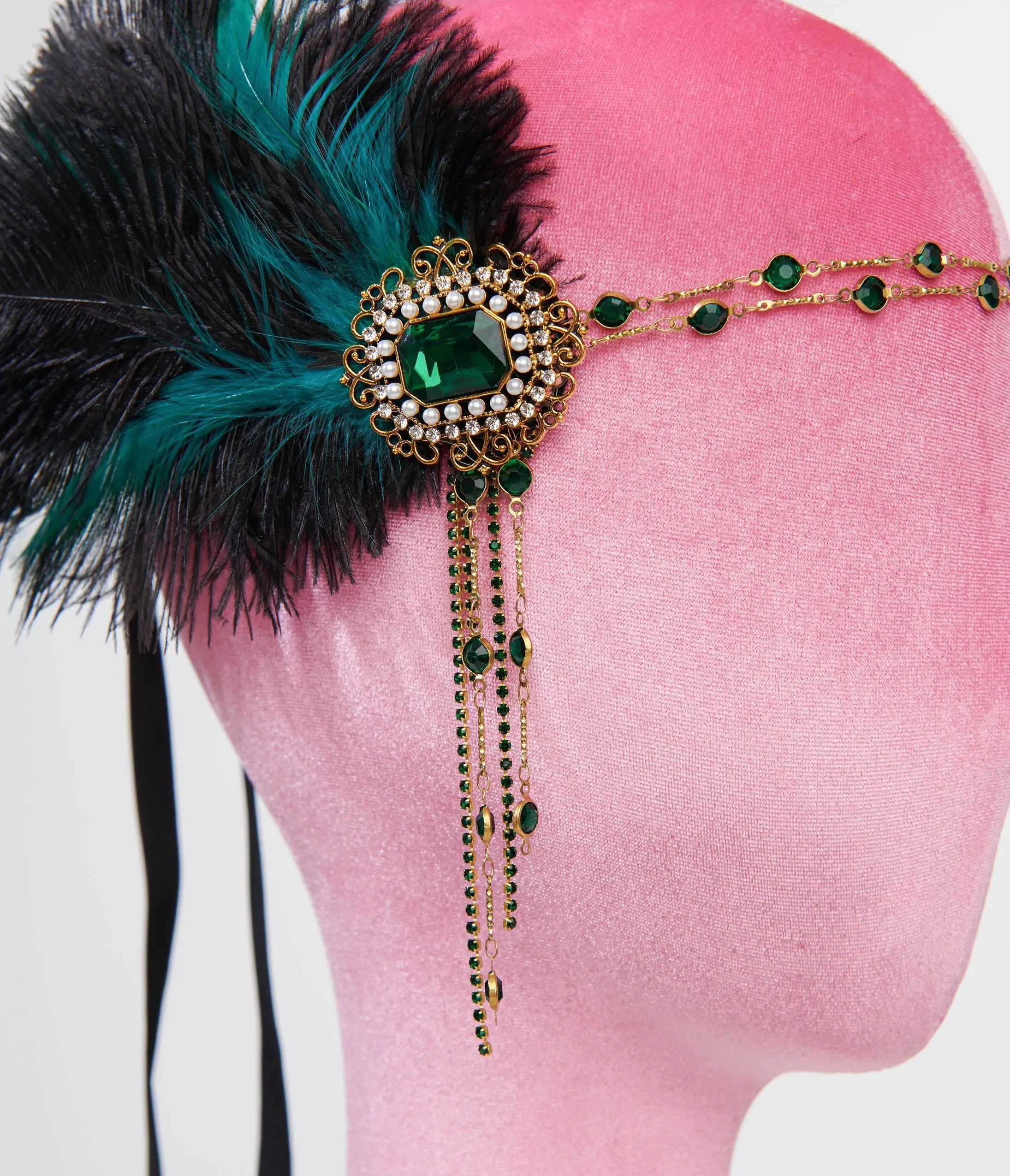 Vintage 1920s Black Feather & Emerald Rhinestone Headband