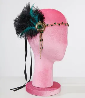 Vintage 1920s Black Feather & Emerald Rhinestone Headband