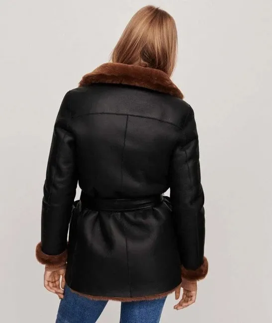 Women Shearling Jacket Black - Winter Leather Jacket