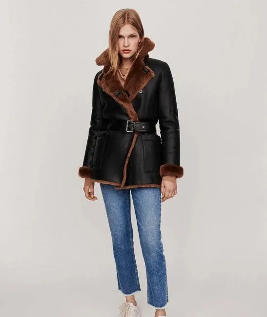 Women Shearling Jacket Black - Winter Leather Jacket