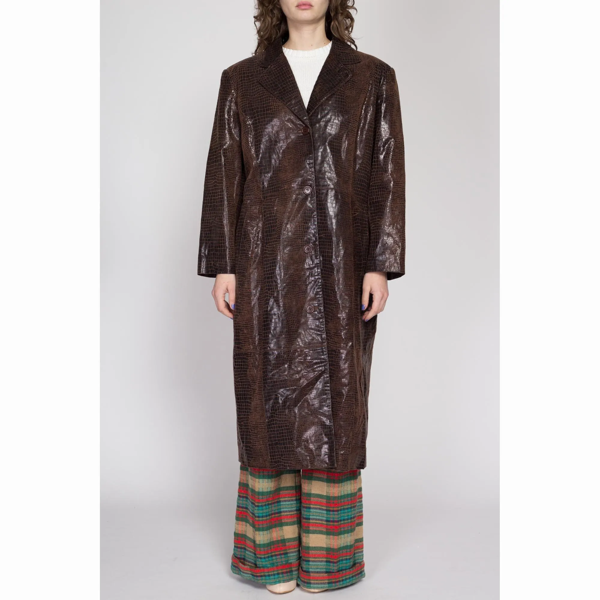 XL 90s Brown Snakeskin Embossed Leather Trench Coat