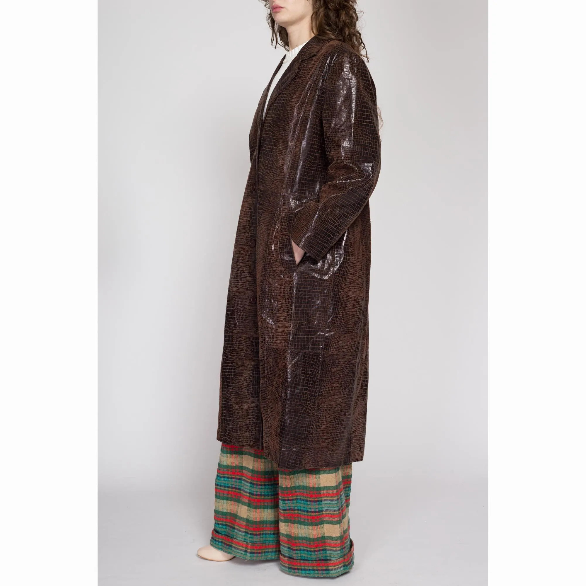 XL 90s Brown Snakeskin Embossed Leather Trench Coat