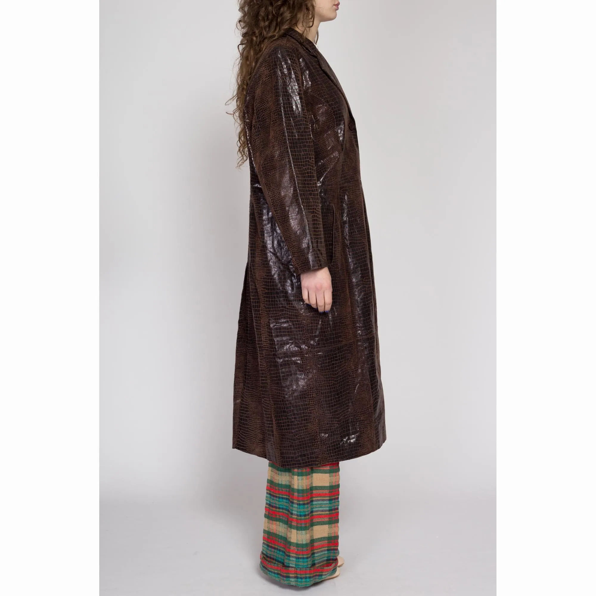 XL 90s Brown Snakeskin Embossed Leather Trench Coat