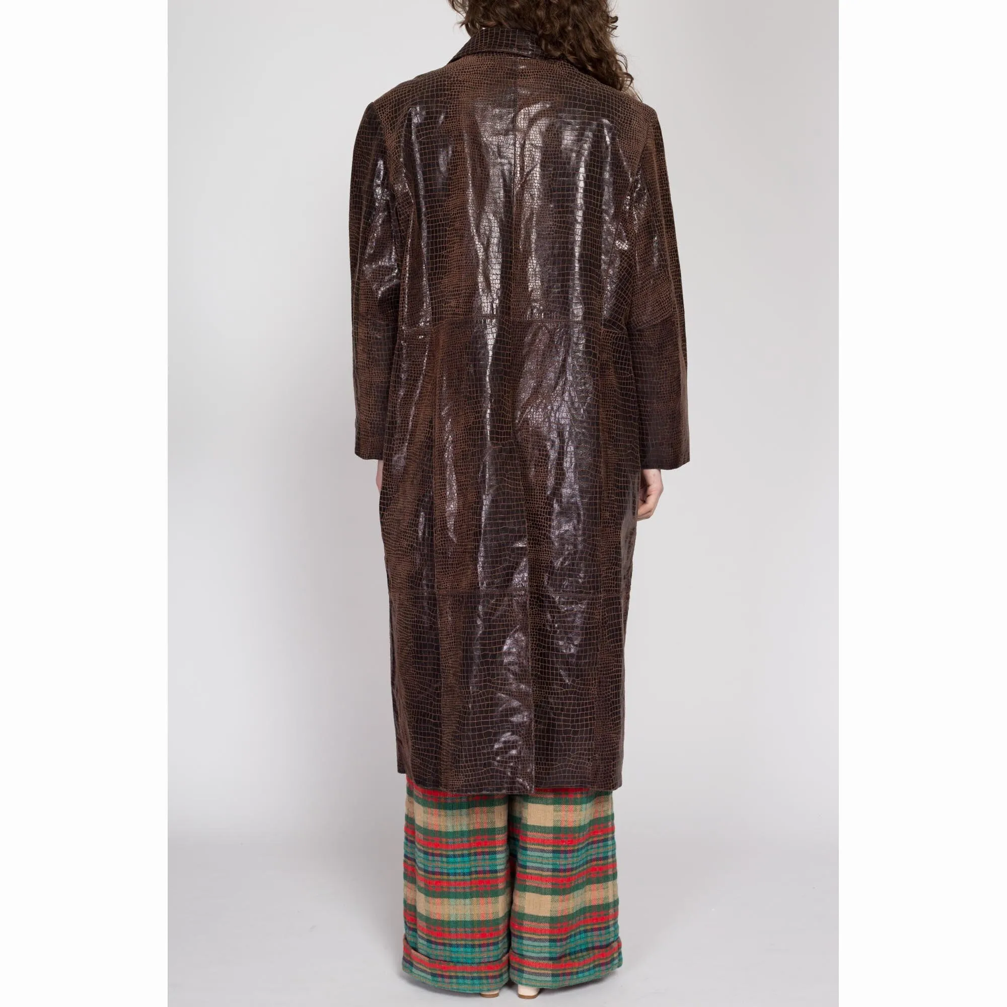 XL 90s Brown Snakeskin Embossed Leather Trench Coat