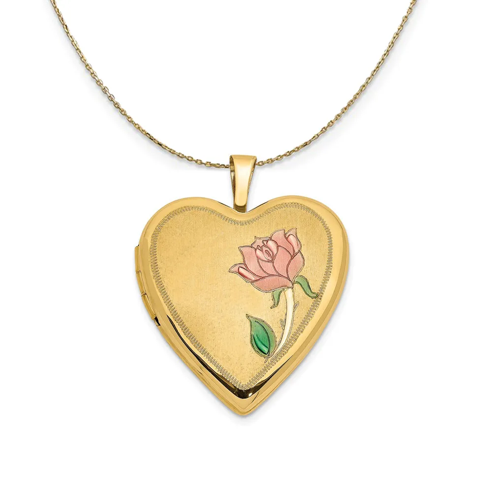 Yellow Gold Enamel Rose Heart Locket Necklace